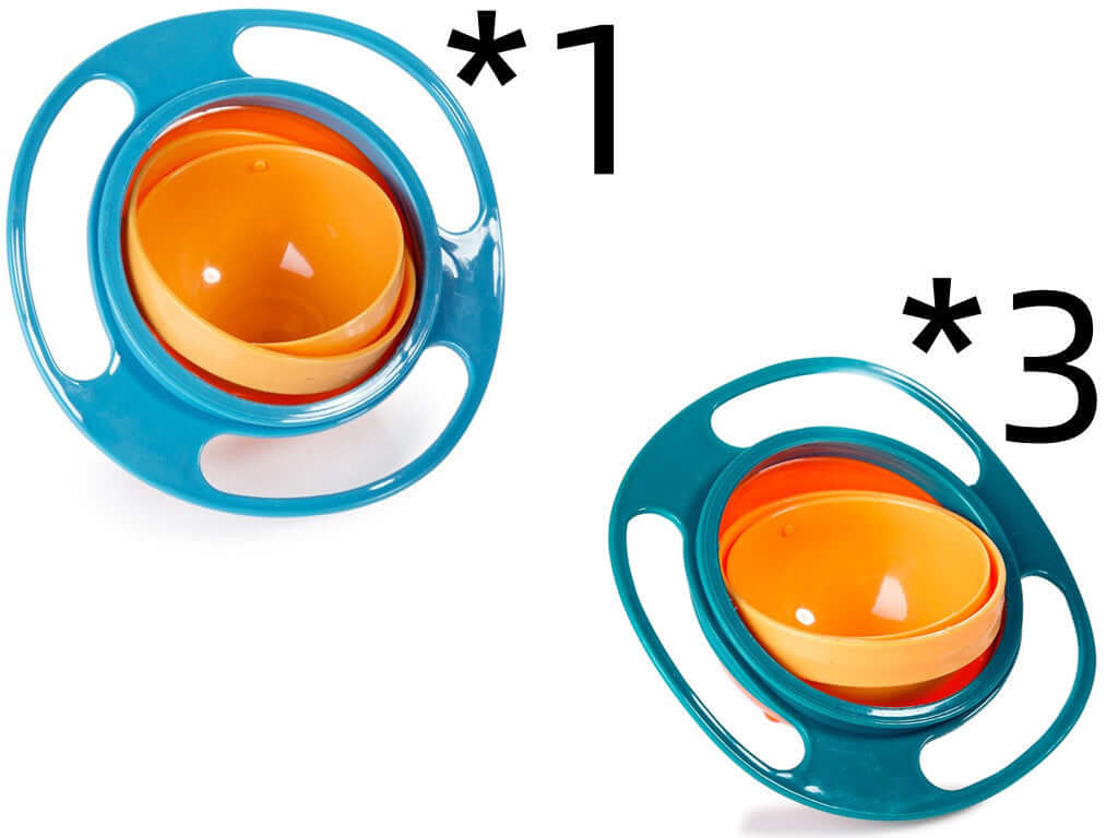 Gyro spill-proof snack bowls with blue outer rings and orange inner bowls, 1 and 3 pack options