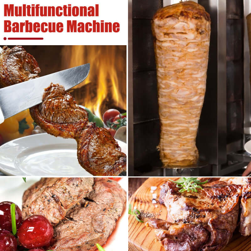 Multifunctional barbecue machine with grilled meat, rotisserie, and steak in kitchen setting