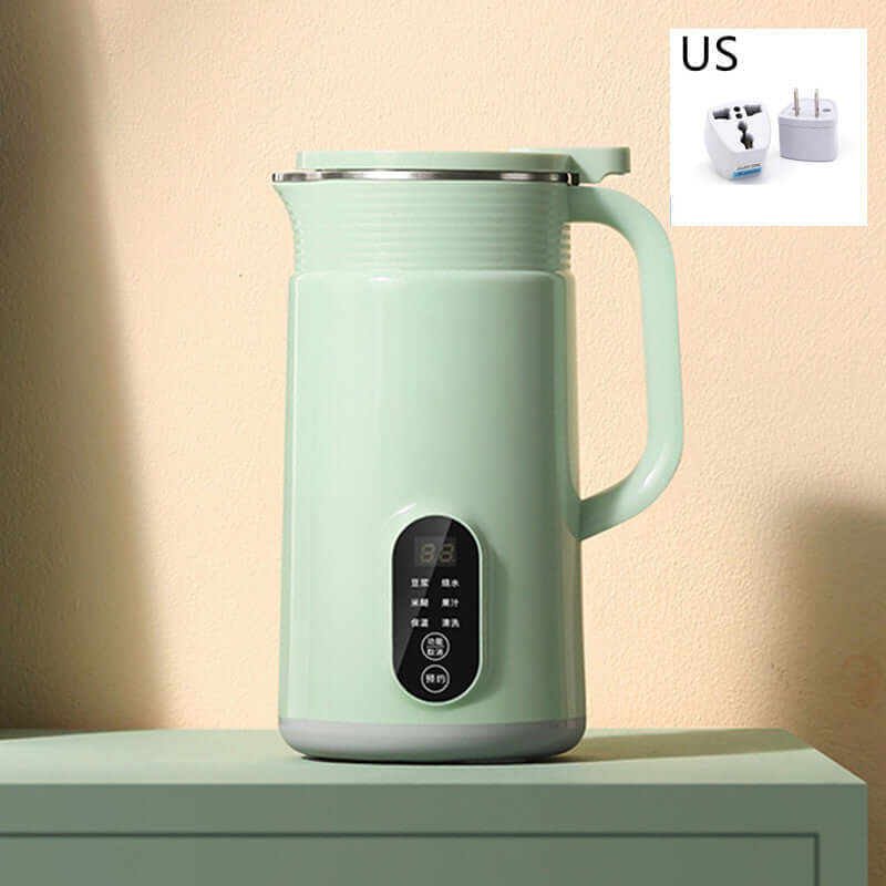 Mint green electric kettle with digital control panel, shown with US plug adapter, on a countertop