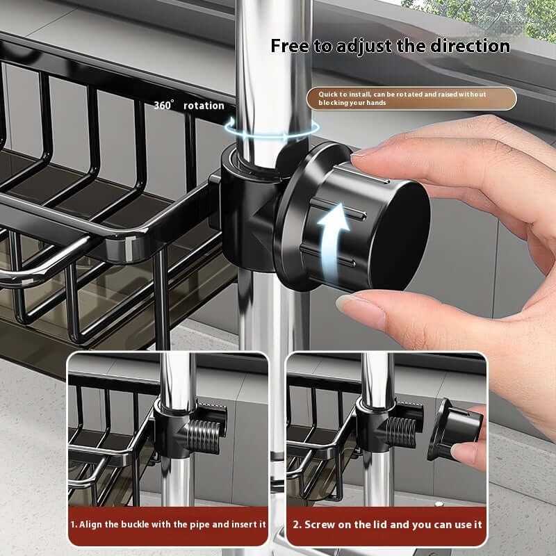 Hand installing adjustable kitchen rack on metal pole, 360-degree rotating organizer