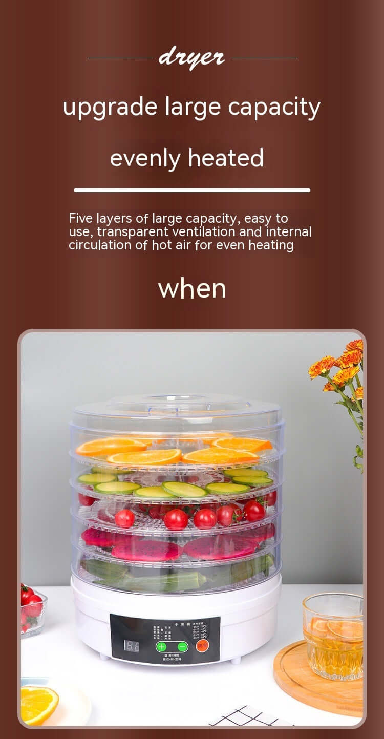 Five-layer food dehydrator with fruit and vegetable slices inside, digital control panel