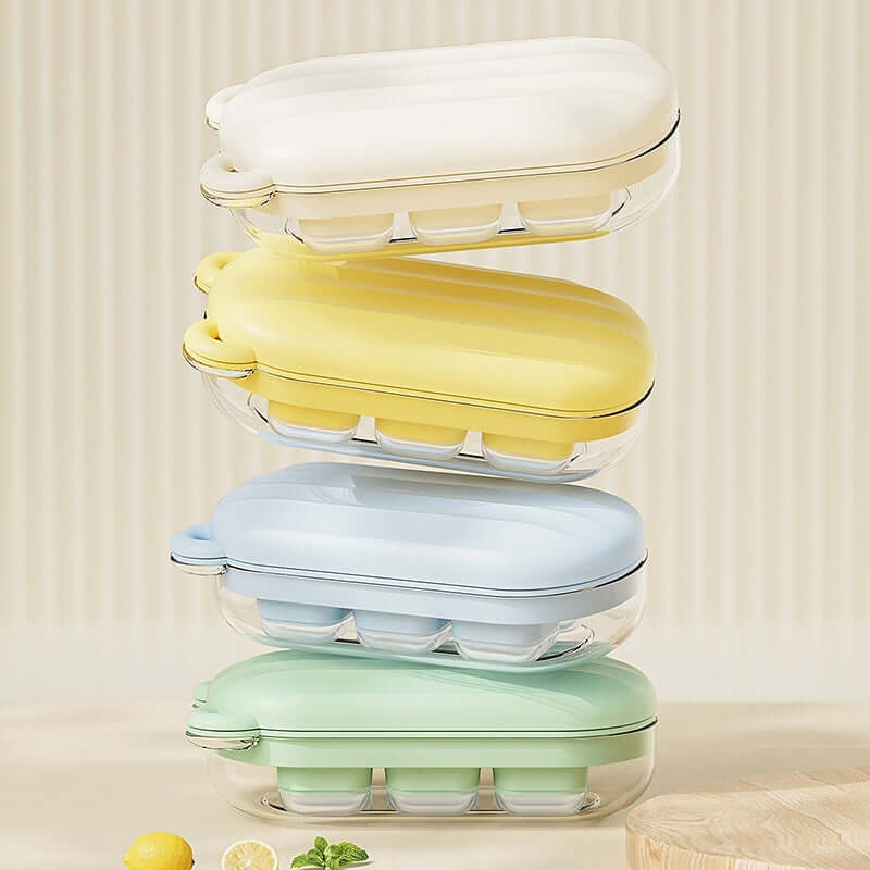 Stacked pastel egg storage containers for kitchen organization on a countertop.