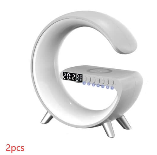 Modern LED alarm clock with wireless charging and sleek curved design, 2 piece set.