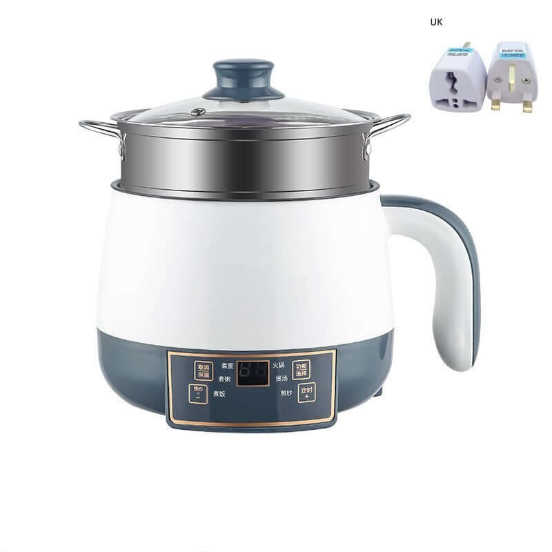 Electric multi-function cooking pot with digital controls and UK power adapter