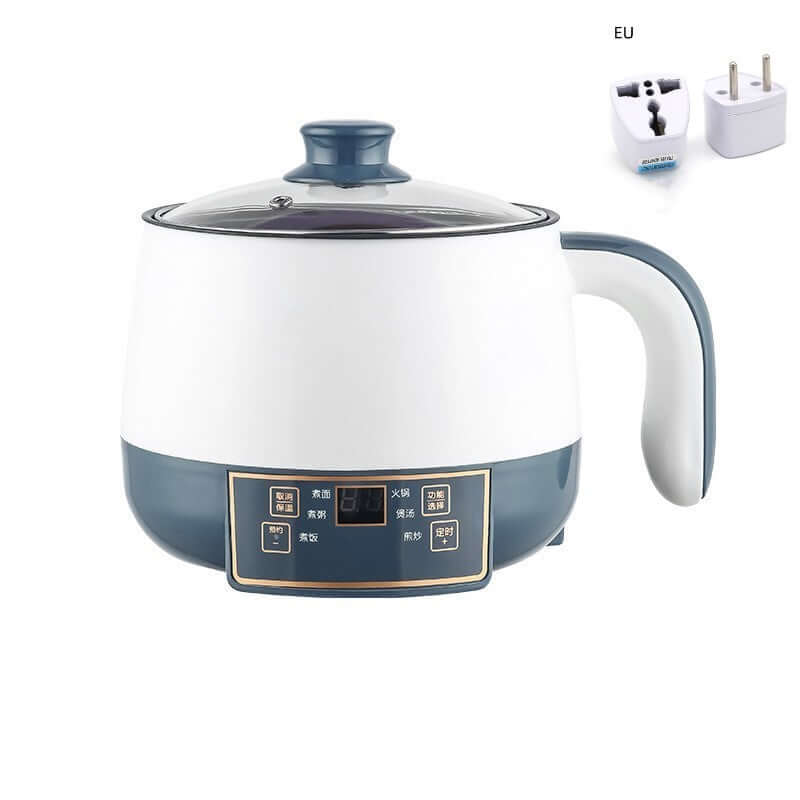 Electric multi-function cooker with digital controls and glass lid, includes EU power adapter