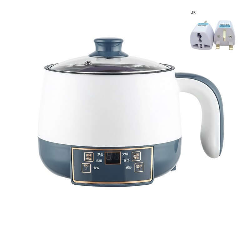 Electric multi-function cooking pot with handle, digital control panel, and UK plug adapters