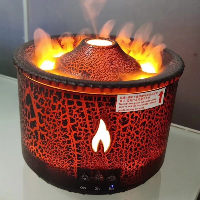 Electric volcano-shaped humidifier with LED flame effect for home or kitchen decor