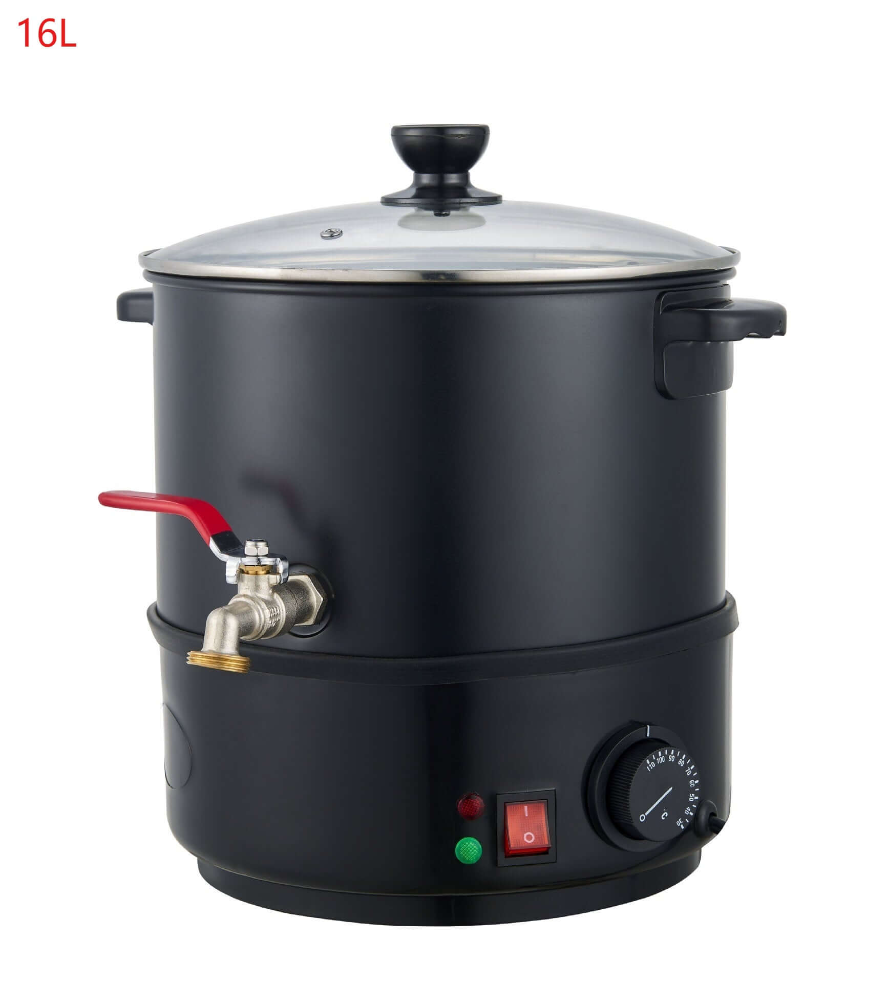 16L electric kitchen boiling pot with glass lid, faucet, and temperature control dial
