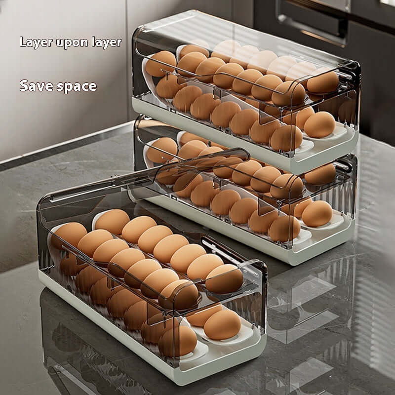 Stackable plastic egg holders with brown eggs for fridge organization on a kitchen counter