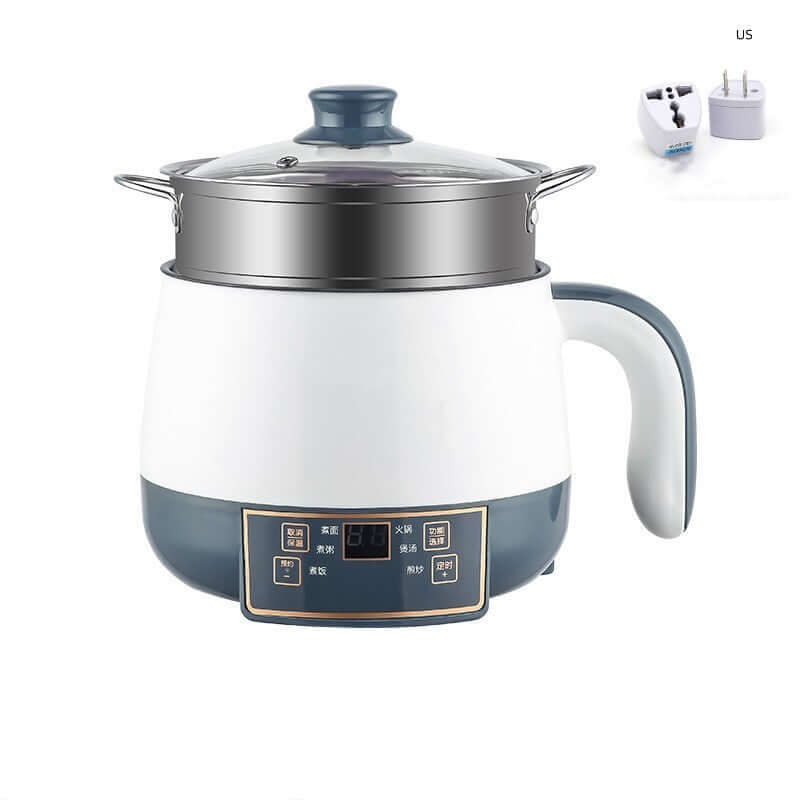 Electric multi-function cooking pot with control panel, glass lid, and US power adapter
