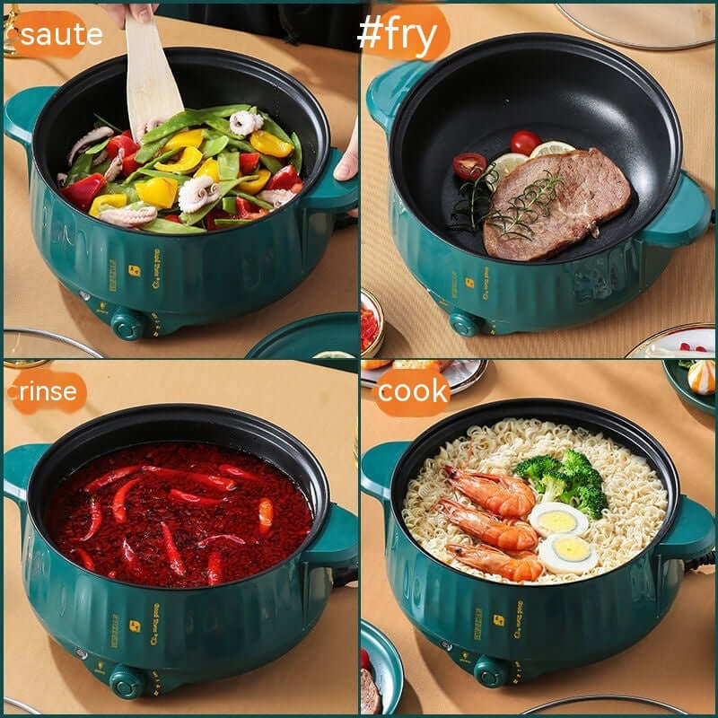 Multi-function electric hot pot cooking vegetables, steak, soup, and noodles