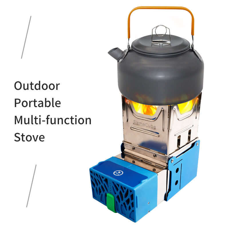 Portable outdoor multi-function stove with a metal kettle on top, blue and silver design.