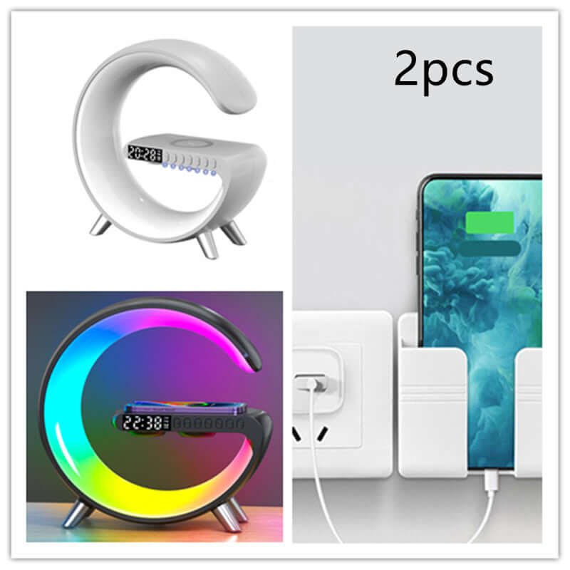 Set of two G-shaped digital alarm clocks with wireless charging and phone holder feature