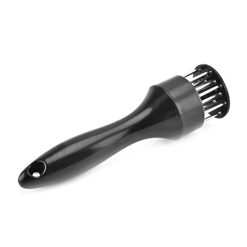 Black meat tenderizer tool with multiple stainless steel blades, kitchen utensil