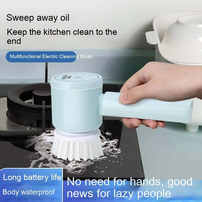 Hand using a multifunctional electric cleaning brush to scrub a kitchen stove, waterproof and rechargeable.