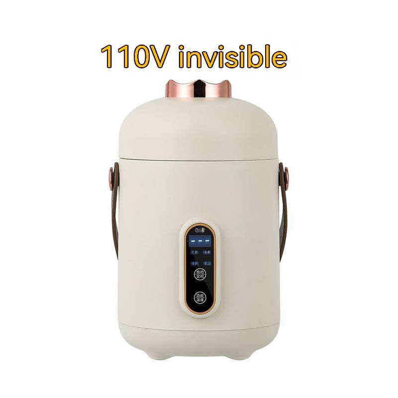 Compact 110V electric rice cooker with digital display and side handles, beige color