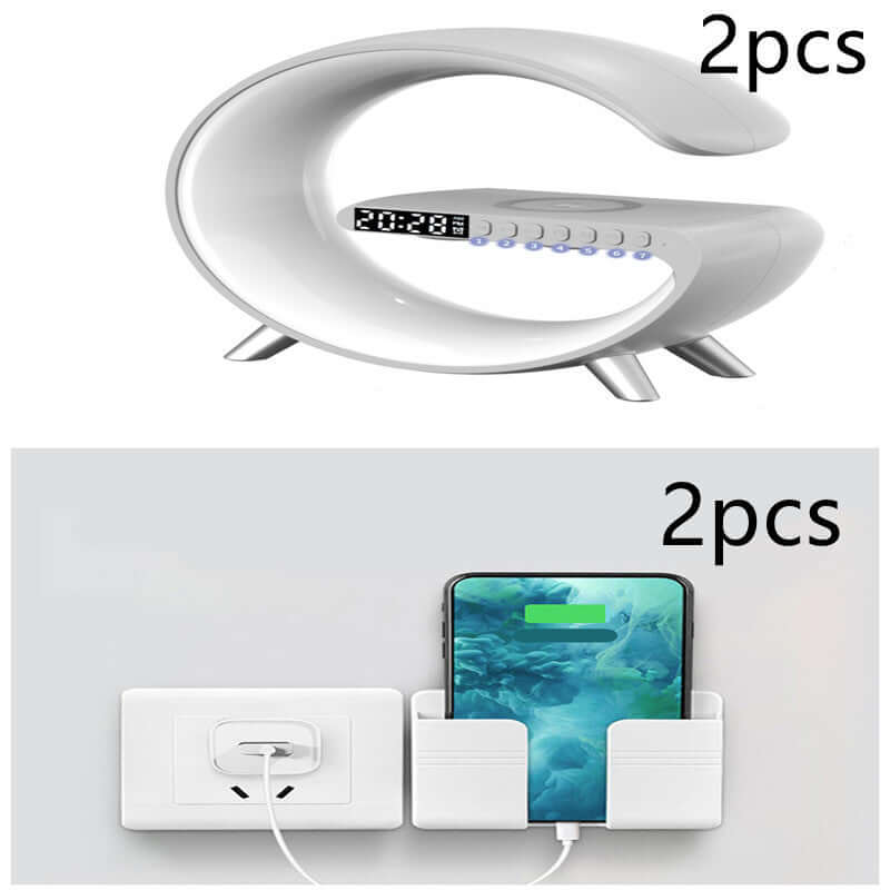 Set of 2 modern digital alarm clocks and 2 wall-mounted phone charging holders for kitchen organization