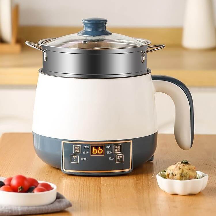 Electric multi-cooker with digital display and glass lid on a kitchen counter