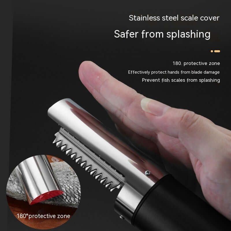 Stainless steel fish scaler with protective cover, hand demonstrating safe fish scale removal