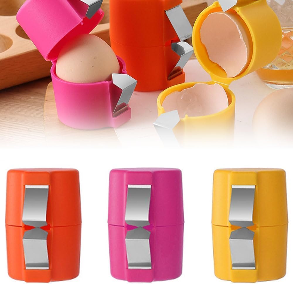 Colorful egg shell cutters with stainless steel blades for kitchen use, shown in orange, pink, and yellow.