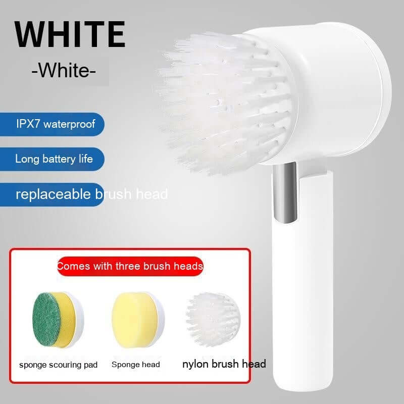 White electric kitchen cleaning brush with replaceable heads, waterproof and long battery life