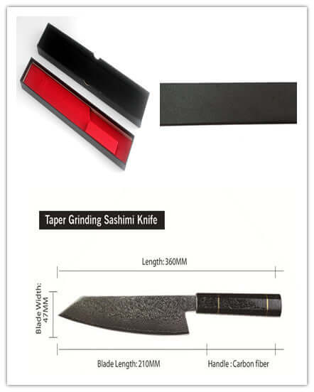 Taper grinding sashimi knife with carbon fiber handle and gift box, blade length 210mm