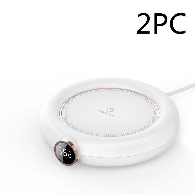 Electric mug warmer with digital temperature display, white round kitchen accessory, 2 pack