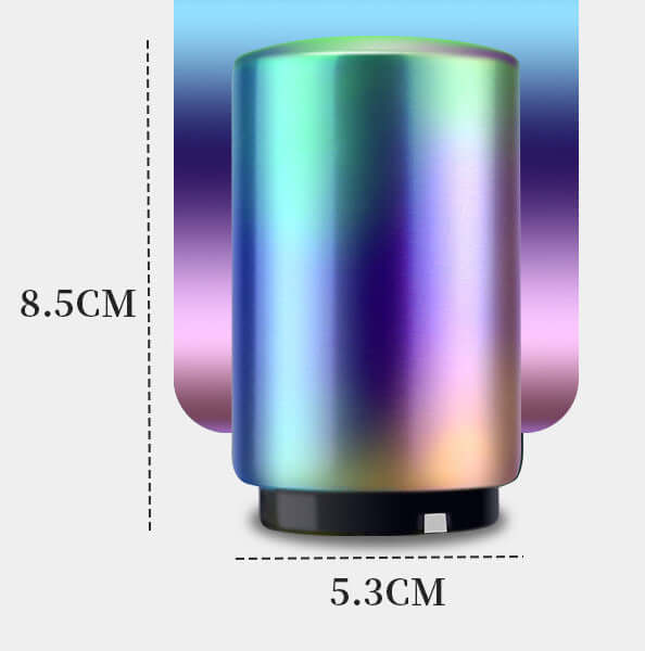 Iridescent stainless steel kitchen accessory, 8.5cm tall and 5.3cm wide, on neutral background