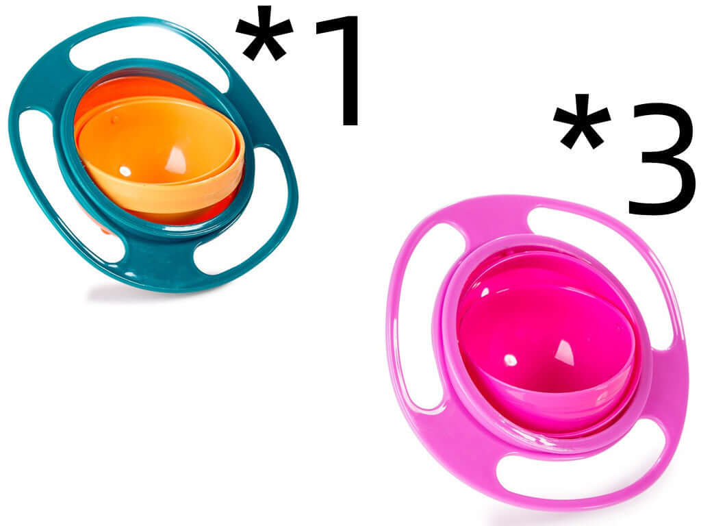 Two spill-proof gyro bowls in orange and pink, ideal for kids&