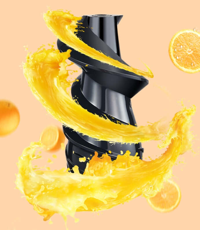 Juicer auger part surrounded by orange juice splash and orange slices on peach background