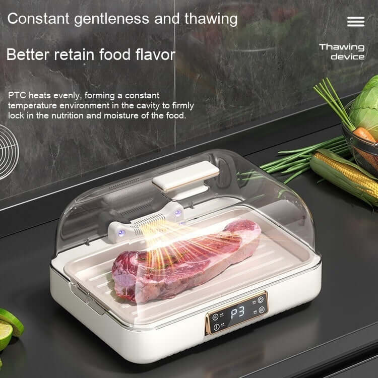 Electric meat thawing device on kitchen counter gently defrosting raw steak with control panel