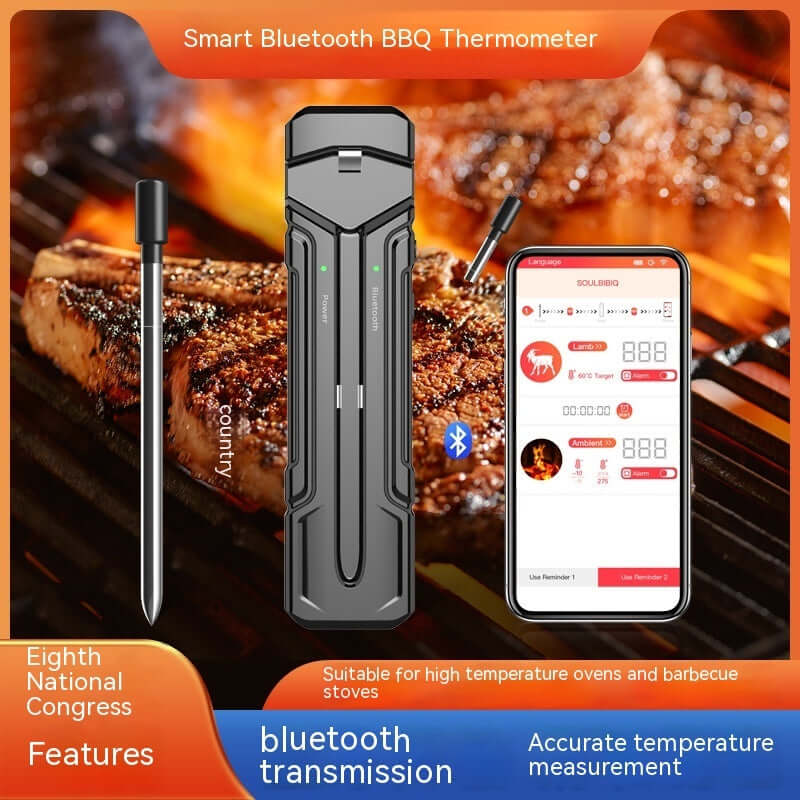 Smart Bluetooth BBQ thermometer with probe and app, grilling steak on barbecue grill.