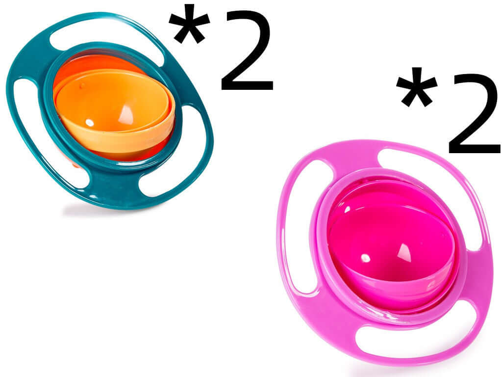 Set of four spill-proof gyro bowls in teal-orange and pink for kids or kitchen use