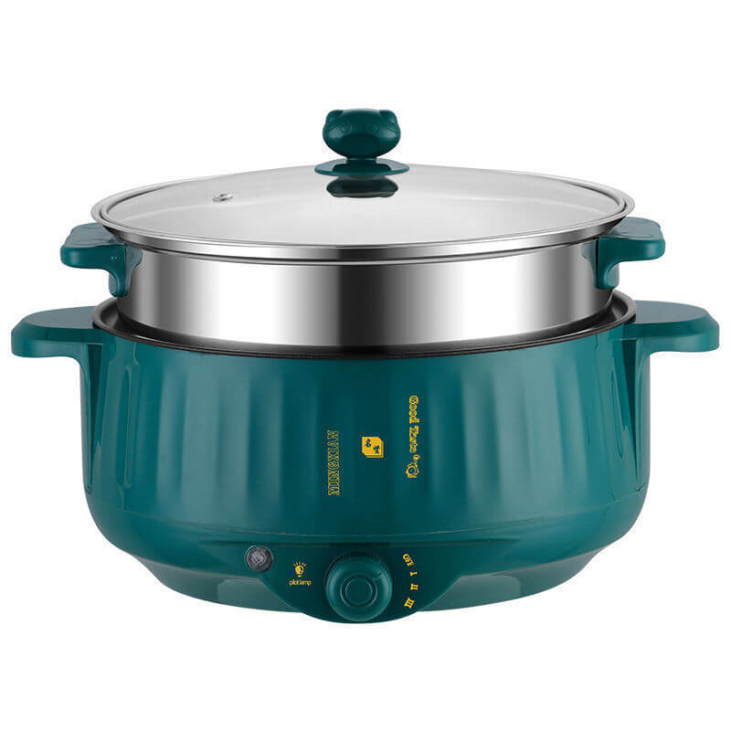 Electric multi-cooker with glass lid and stainless steel steam tray for kitchen use
