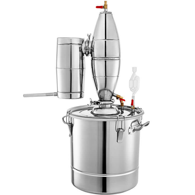 Stainless steel distillation apparatus for kitchen use, featuring a large pot and cylindrical attachments.