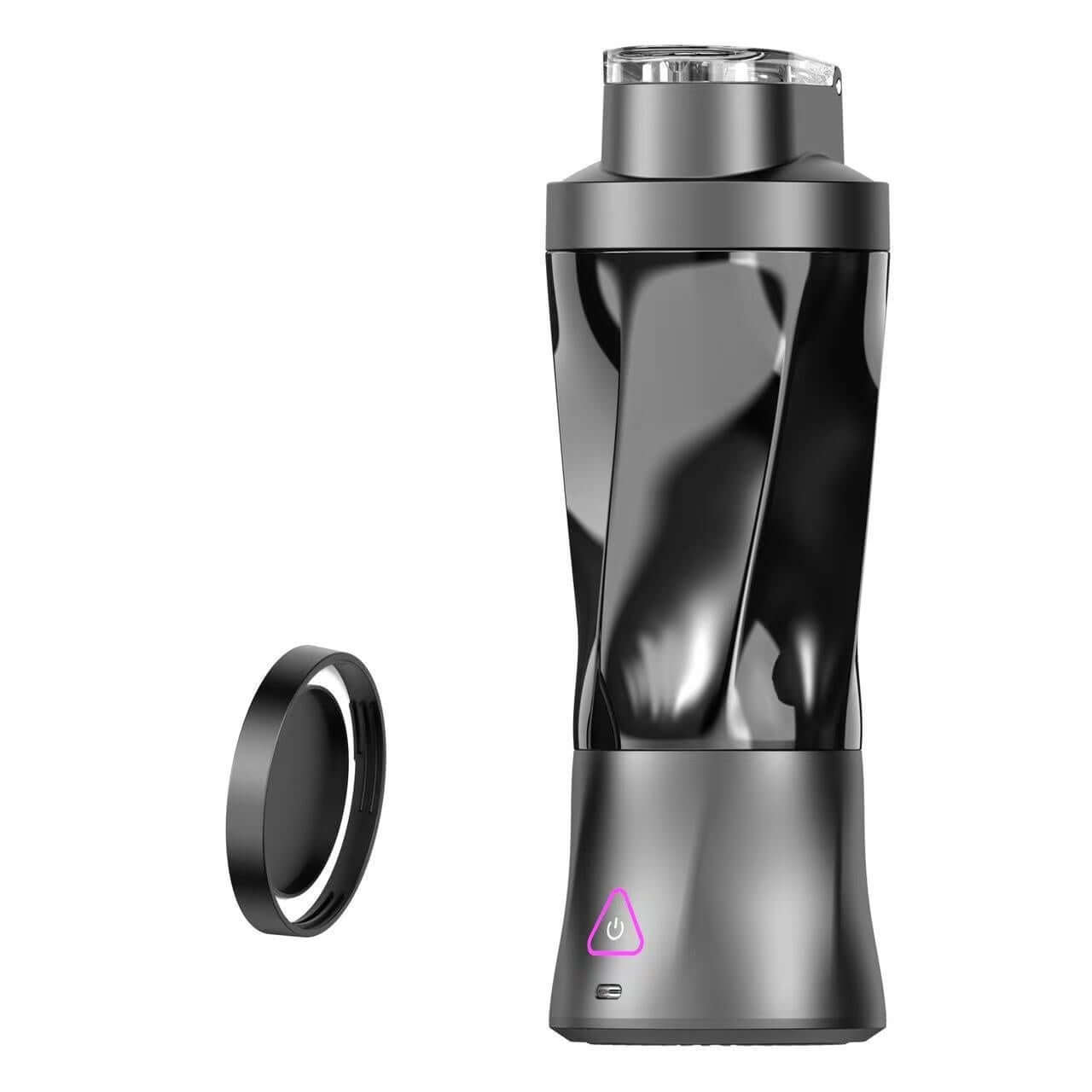 Black portable electric blender bottle with lid, modern kitchen accessory