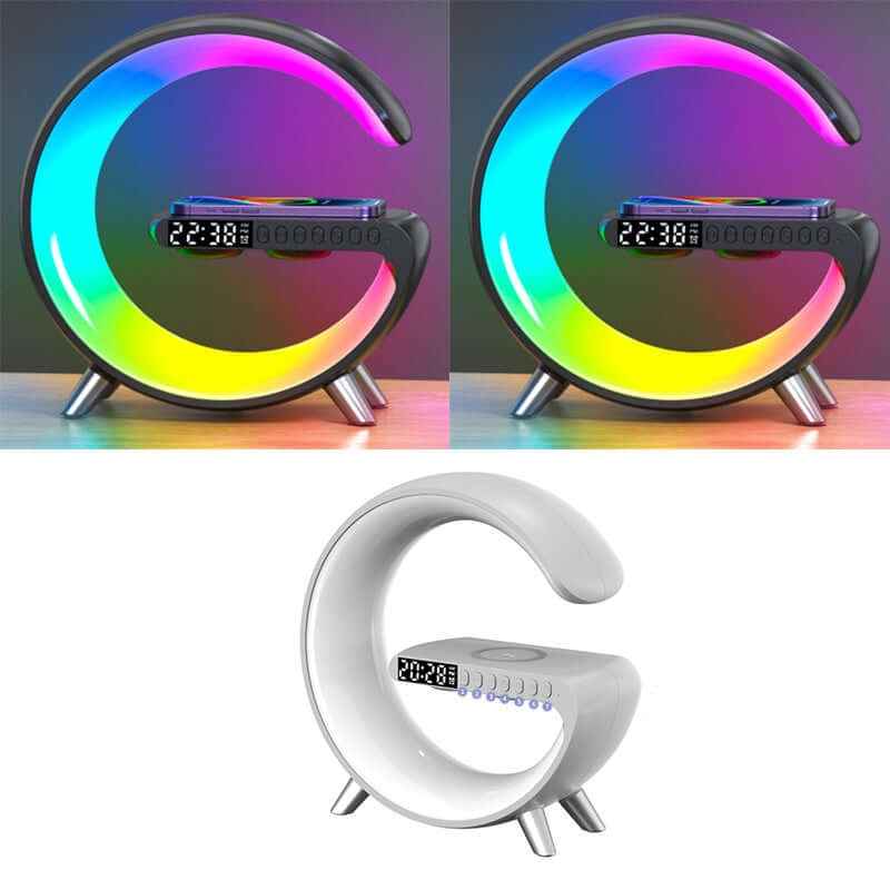 Modern G-shaped LED alarm clock with wireless phone charging, colorful light display, digital time