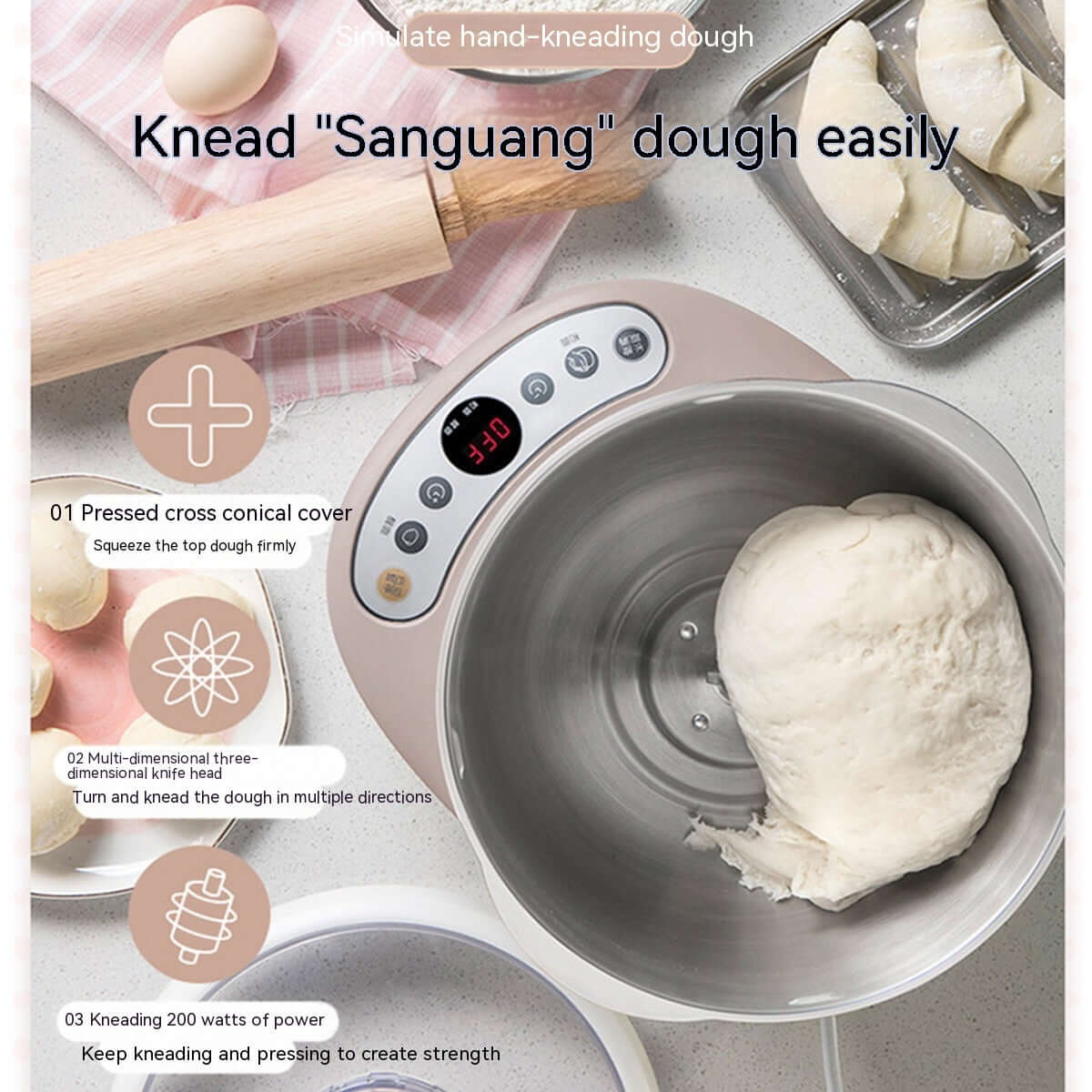 Stand mixer kneading dough in stainless steel bowl with digital controls, eggs, rolling pin, and croissants nearby on kitchen counter.