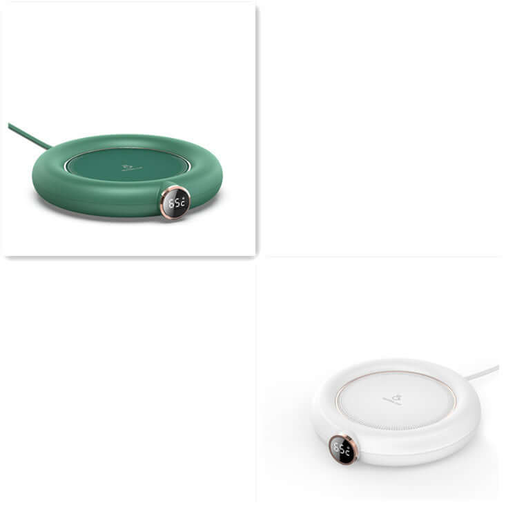 Electric mug warmer with digital temperature display in green and white, kitchen accessory