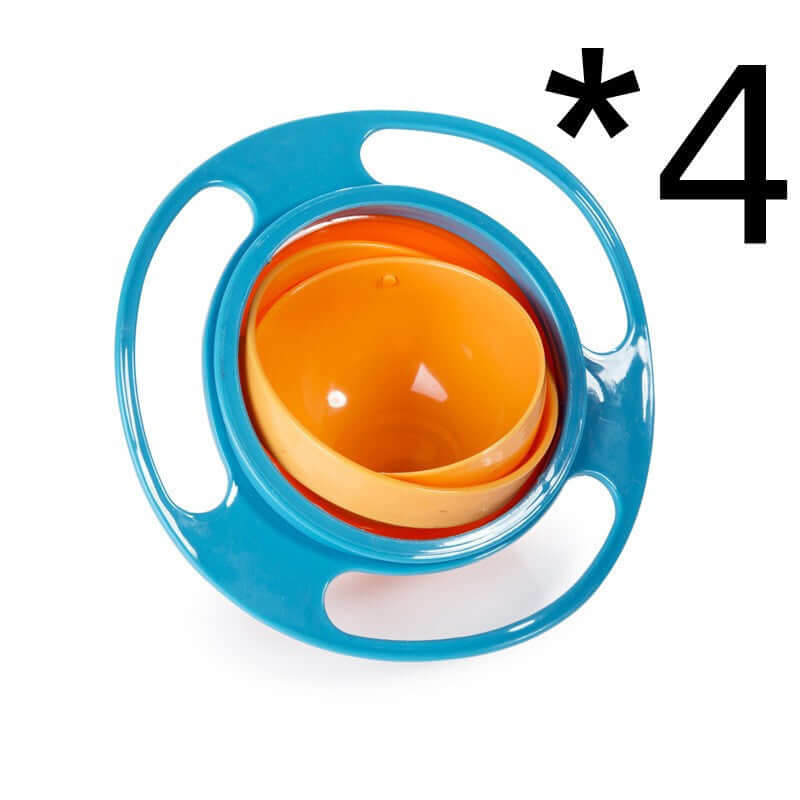 Gyro spill-resistant bowl for kids, blue and orange, set of 4, kitchen accessory.