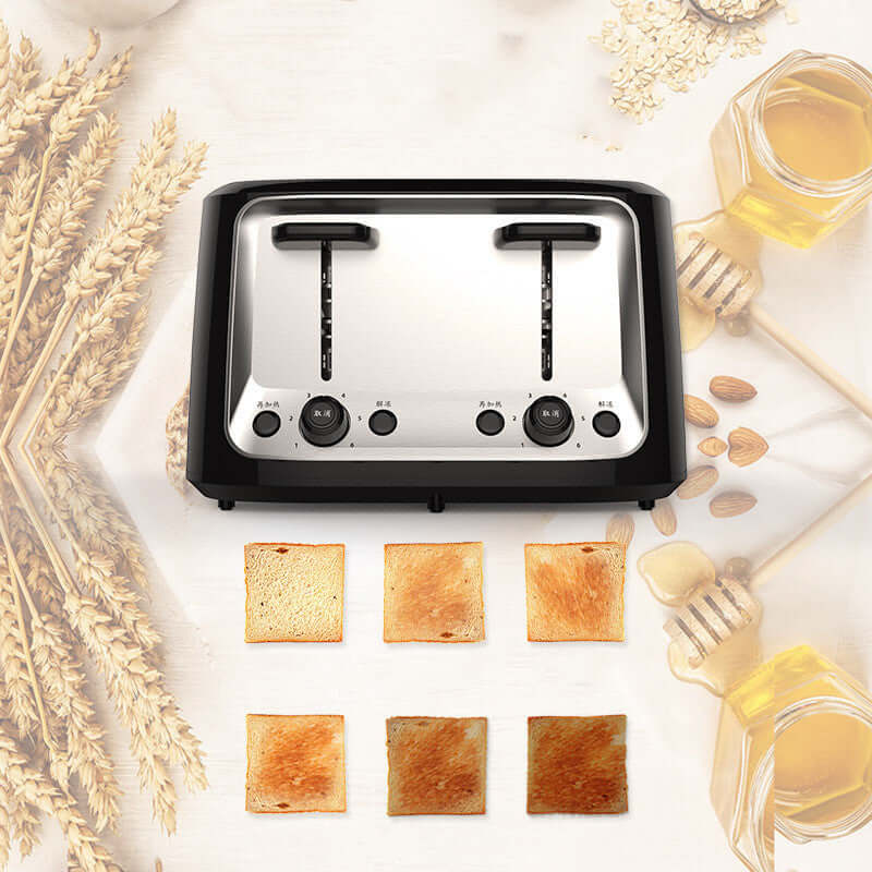 Stainless steel four slice toaster with adjustable settings and toasted bread on kitchen counter