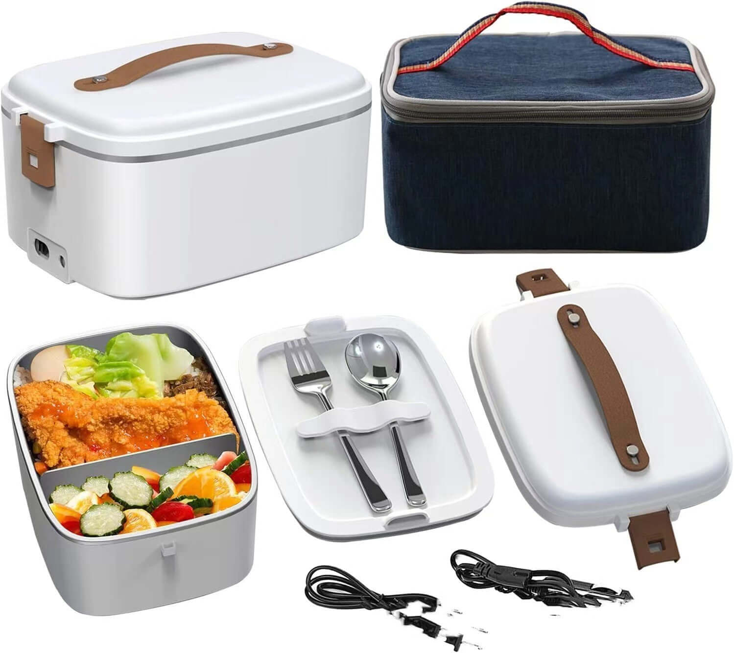 Electric lunch box set with cutlery, food compartments, power cords, and insulated carrying bag