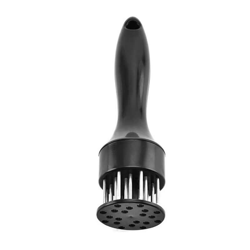 Black meat tenderizer tool with stainless steel blades on white background