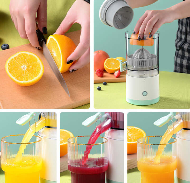 Electric citrus juicer extracting fresh orange and berry juice, fruit prep on cutting board