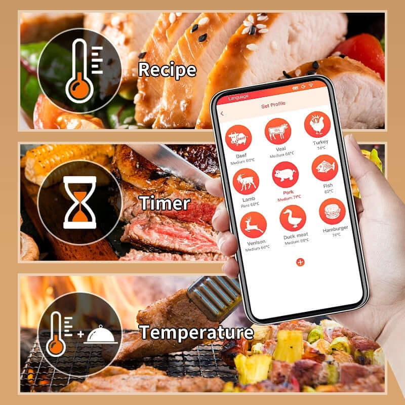 Hand holding smartphone showing meat cooking app near grilled food, recipe, timer and temperature icons