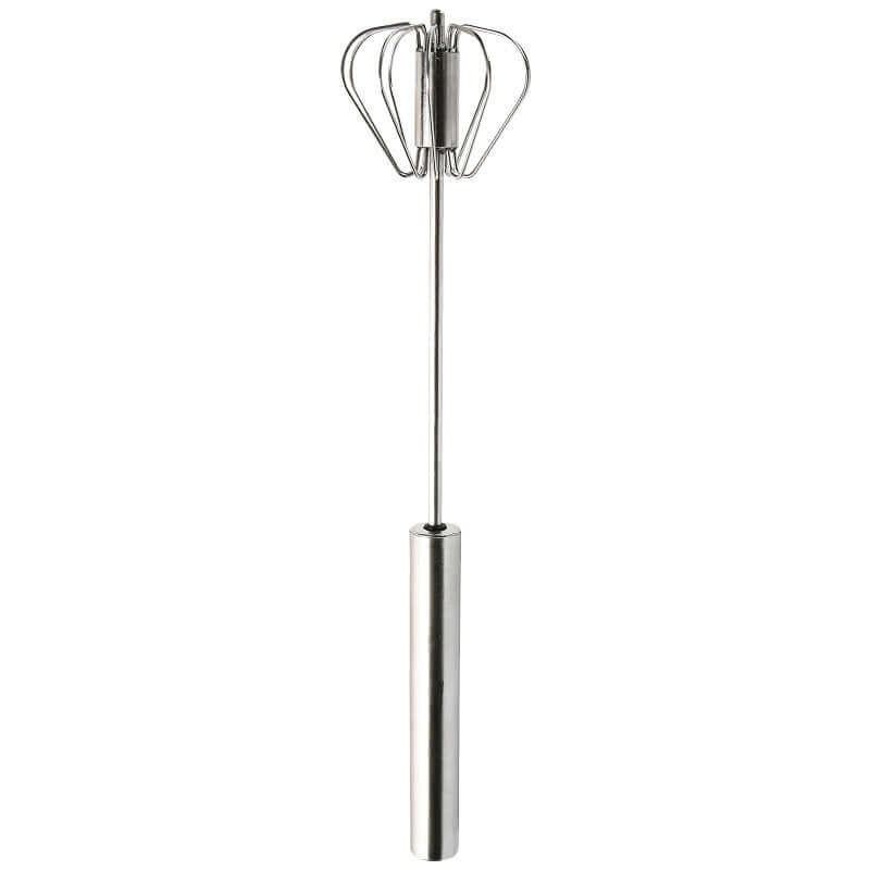 Stainless steel hand push whisk kitchen utensil with ergonomic handle on white background