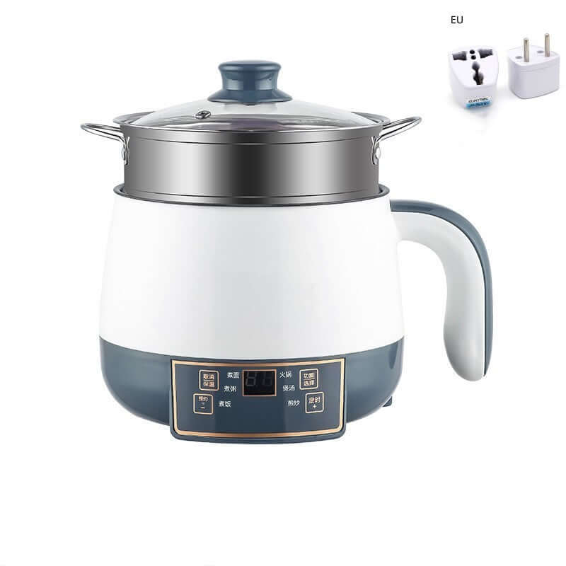 Electric multi-function cooking pot with glass lid, digital touch panel, and EU power adapter