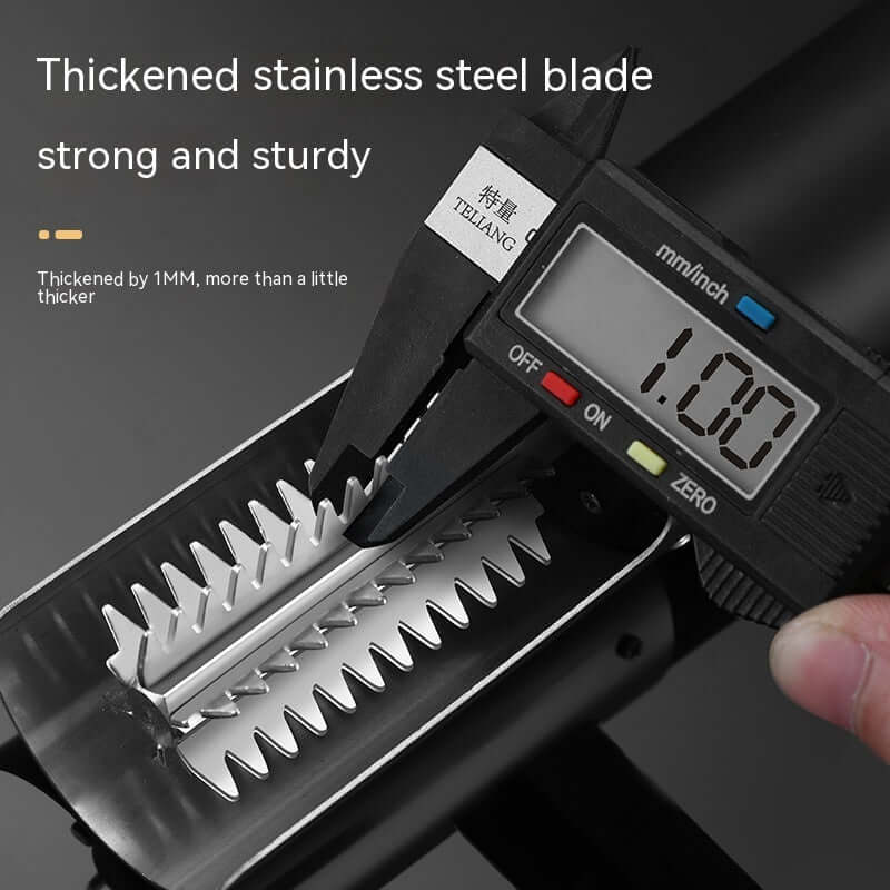 Digital caliper measuring thick stainless steel kitchen blade with serrated edge