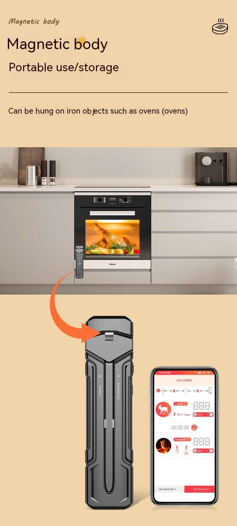 Magnetic digital meat thermometer with Bluetooth, shown attached to an oven beside smartphone app