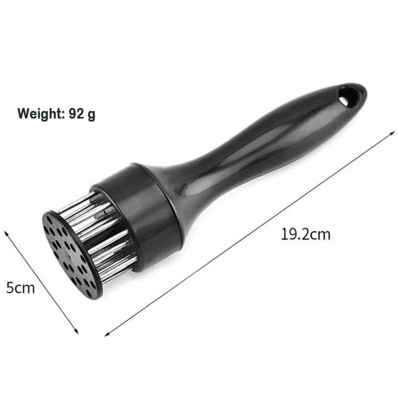Black meat tenderizer tool with stainless steel blades, 19.2cm long, kitchen accessory